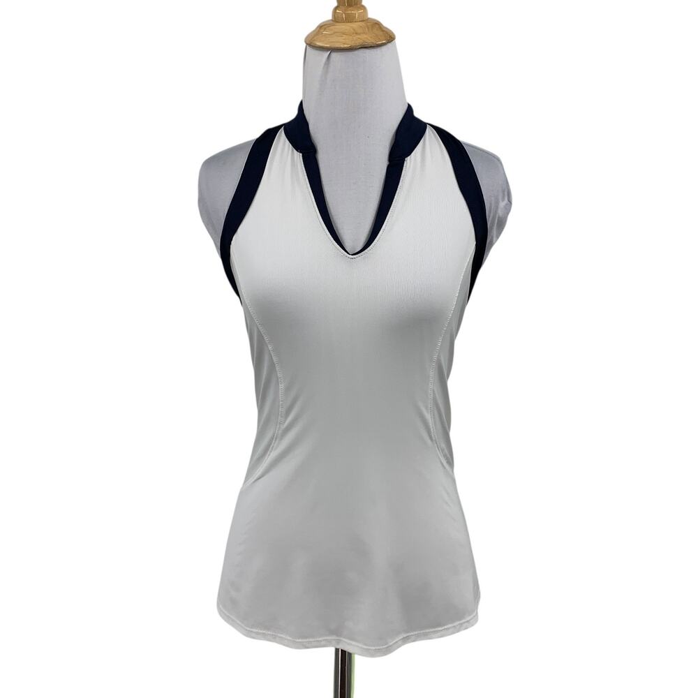 Lucky In Love Top Women S Small White Navy V Neck Tie Lace Up Neon Back Athletic